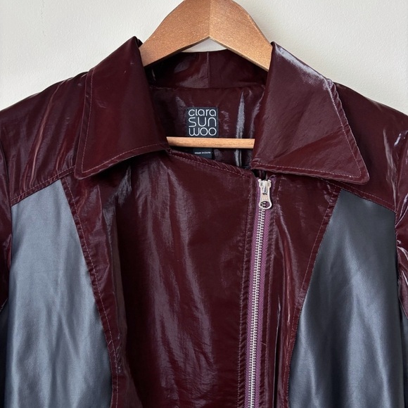 Clara Sunwoo Vinyl + Liquid Leather Panel Zip Cuff Jacket Small Mulberry - Picture 3 of 12
